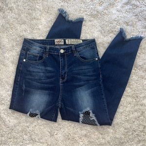 DENIM BLVD DARK WASH FAUX FISHNET SKINNY JEANS